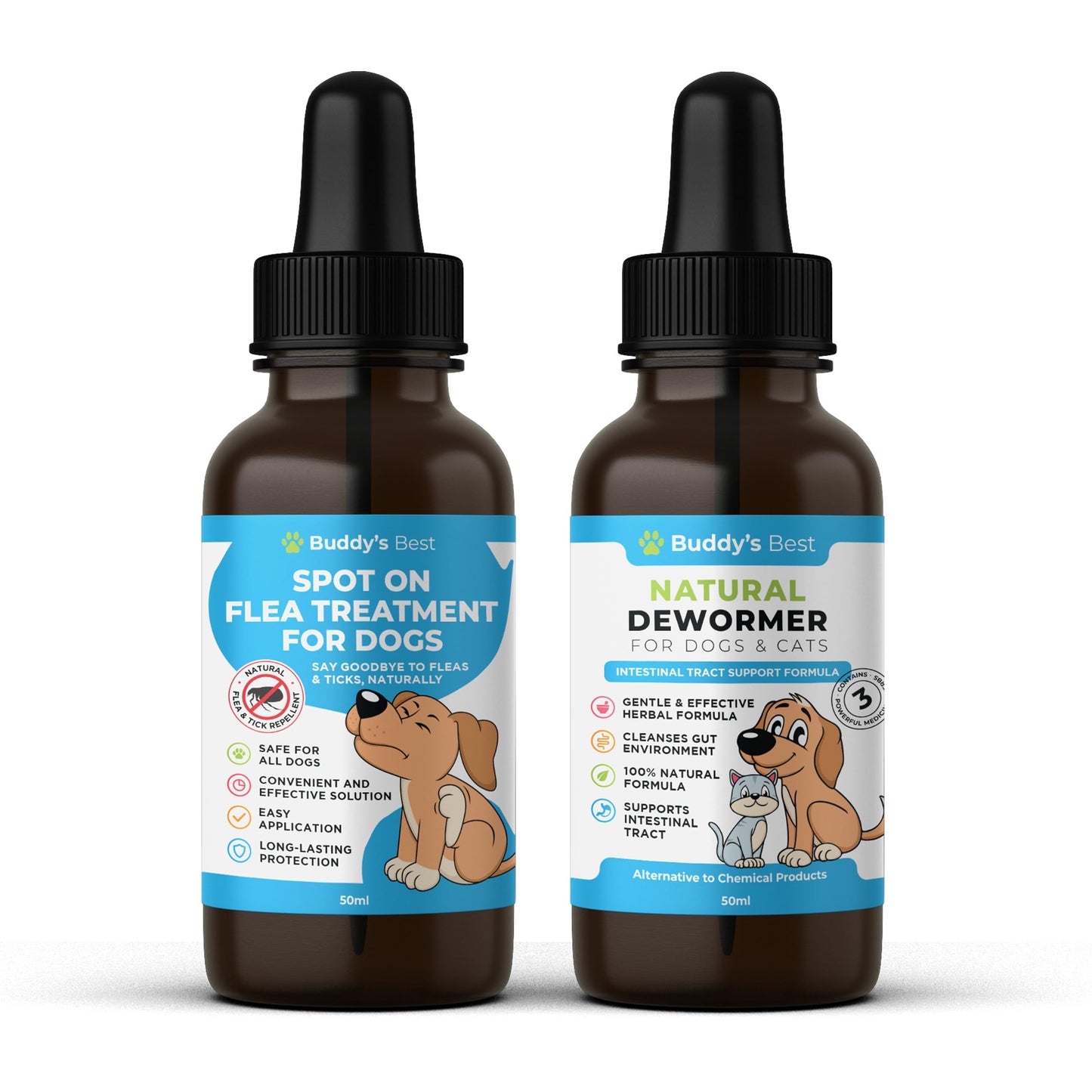 Complete Pet Care Bundle: Spot On Flea Treatment For Dogs | 50ml & BUDDY'S BEST Natural Dewormer For Dogs & Cats | 50ml | Essential Dewormer Protection