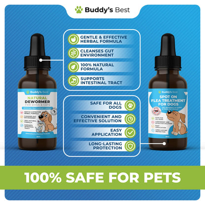 Complete Pet Care Bundle: Spot On Flea Treatment For Dogs | 50ml & BUDDY'S BEST Natural Dewormer For Dogs & Cats | 50ml | Essential Dewormer Protection