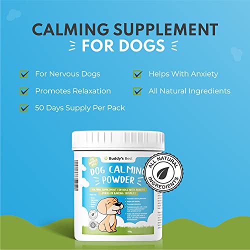 Buddy's Best Dog Calming Powder | Calming Supplement For Dogs With Anxiety, Stress Or Barking Troubles | 100% Natural Ingredients, Helps Dog Anxiety Relief | Dog Calming Products For All Ages & Breeds