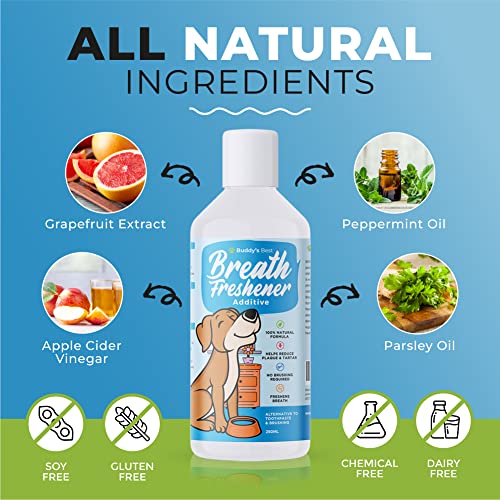 BUDDY'S BEST Dog Breath Freshener | 250 ml Dog Teeth Cleaning Water | Premium Dog Mouthwash for Plaque and Tartar | Ideal Dog Dental Care For Any Breed, Gender, or Size