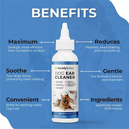 BUDDY'S BEST Dog Ear Cleaner | Premium Dog Ear Drops With 100% Natural Ingredients | Fast, Effective, and Affordable Dog Ear Cleaner Solution | Perfect Itch Free Formula for Fresh Smelling Ears