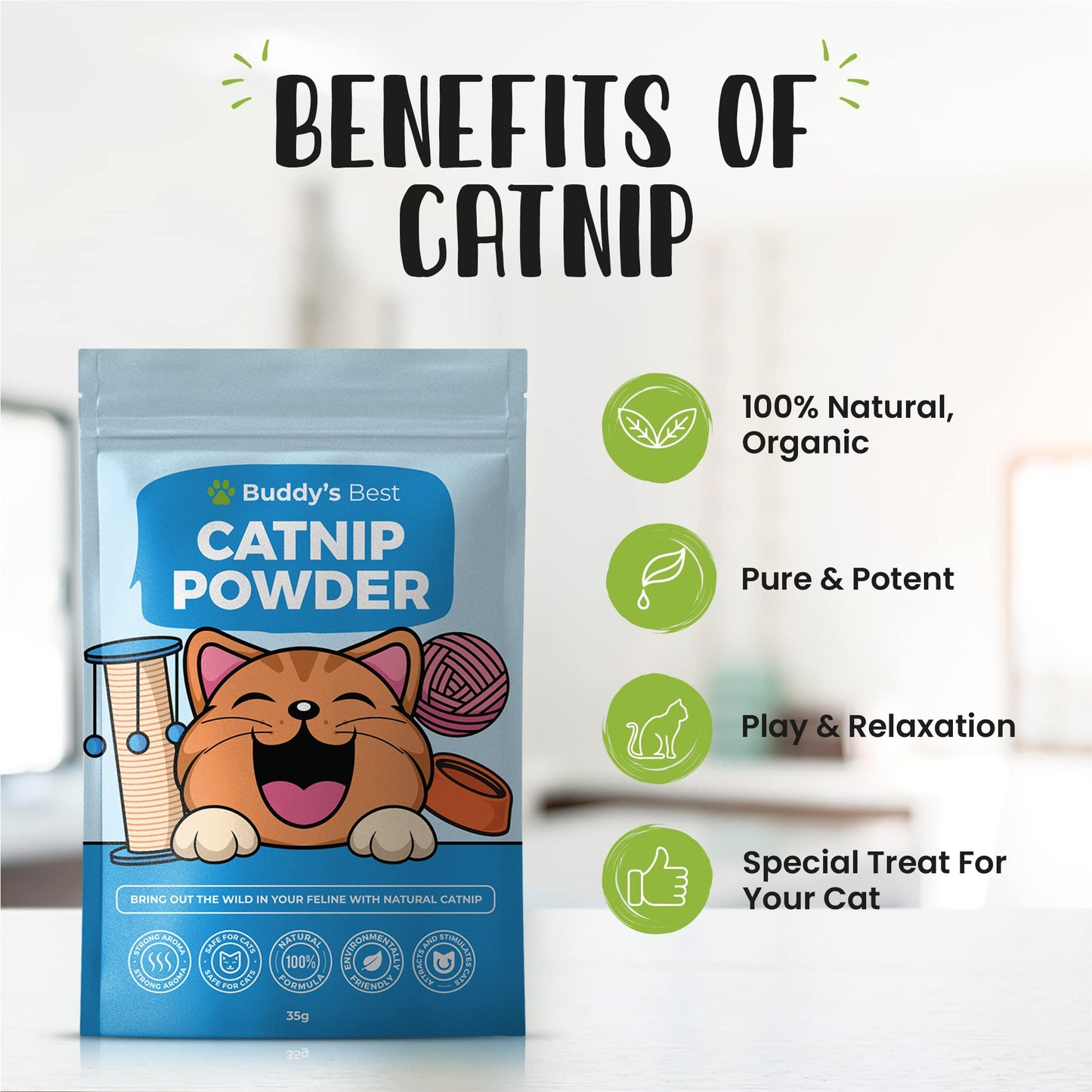 BUDDY'S BEST Catnip | 100% Natural, Organic & Air Dried | Strong & Pungent Aroma Encourages Exercise & Play | 35g