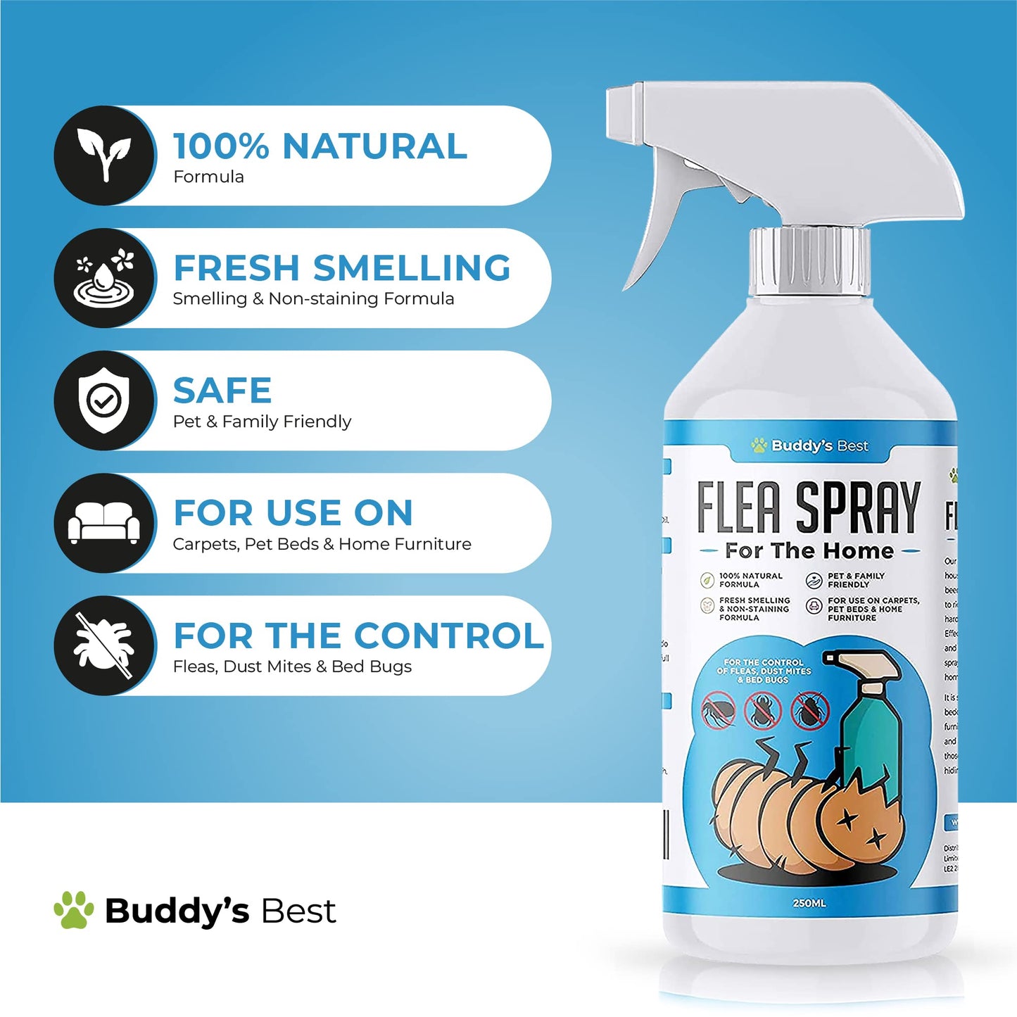 Buddy's Best Flea Spray for The Home | for The Control of Fleas, Dust Mites & Bed Bugs | for Use on Carpets, Pet Beds & Home Furniture | 100% Natural Formula | Pet & Family Friendly