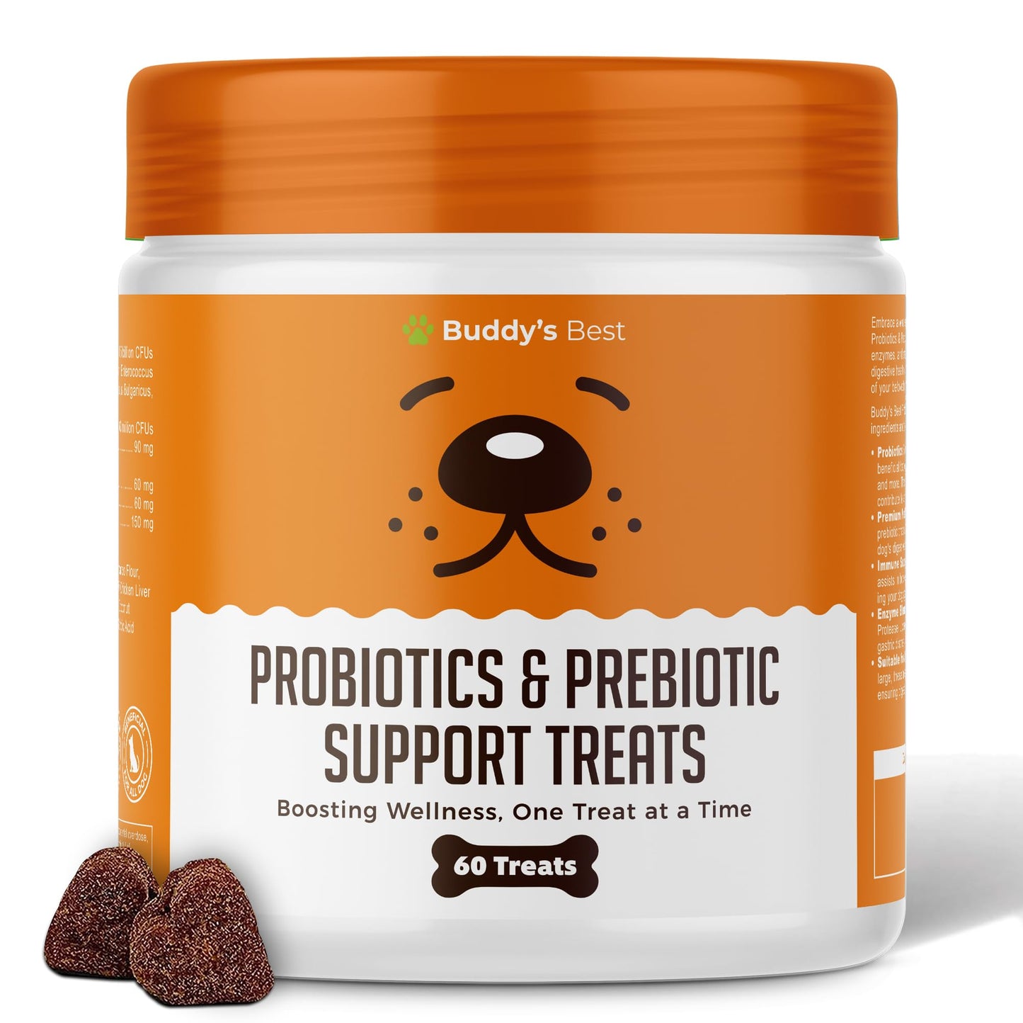 BUDDY'S BEST Probiotics & Prebiotic Support Treats For Dogs | Digestive Remedy | 60 Chewable Treats