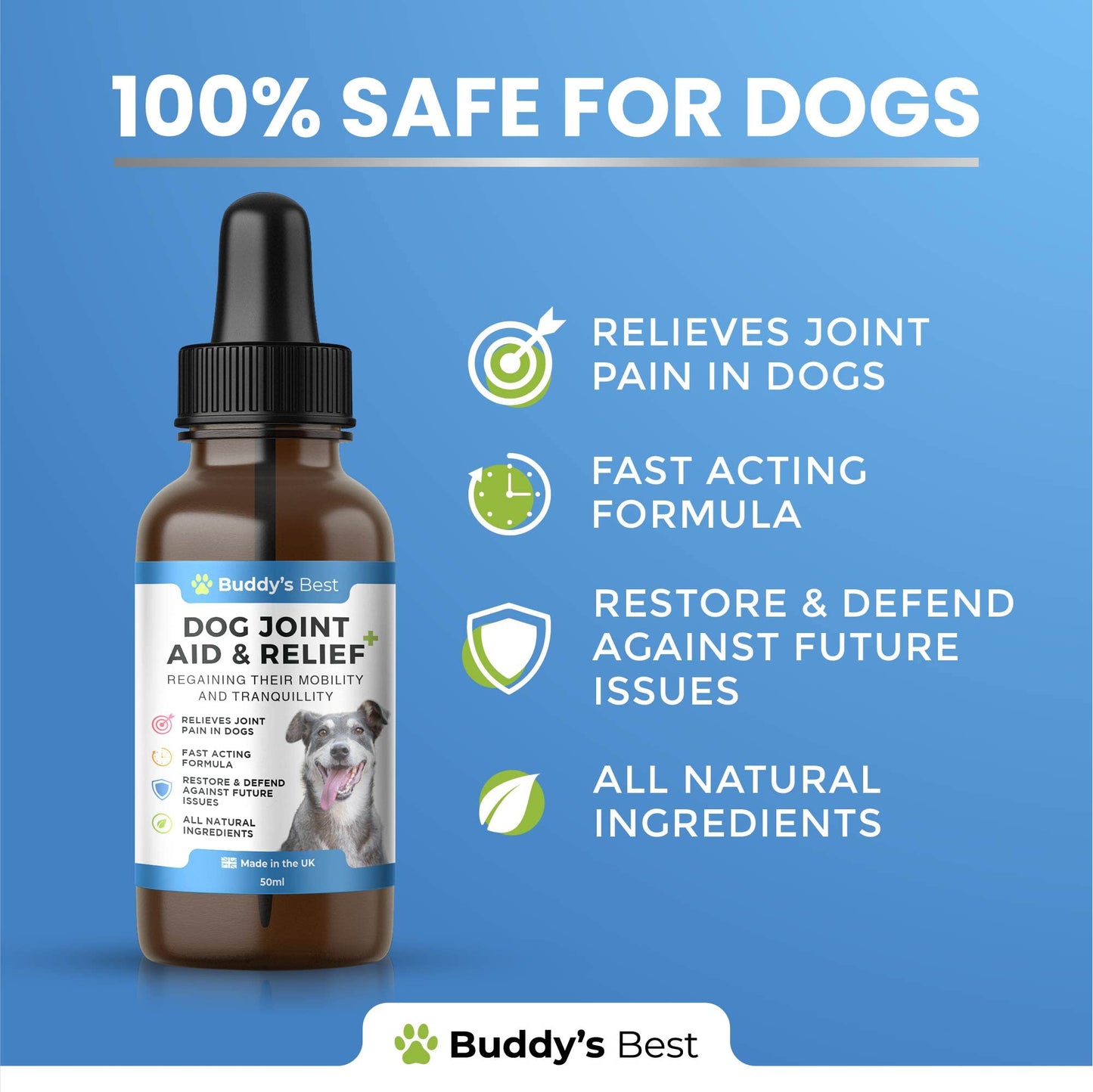 Buddy's Best Dog Joint Aid & Relief Plus | 50ml | Relieves Joint Pain in Dogs | Fast Acting Formula | Natural Ingredients | Made in the UK