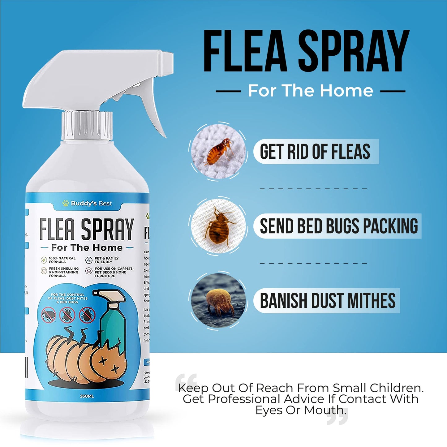 Buddy's Best Flea Spray for The Home | for The Control of Fleas, Dust Mites & Bed Bugs | for Use on Carpets, Pet Beds & Home Furniture | 100% Natural Formula | Pet & Family Friendly