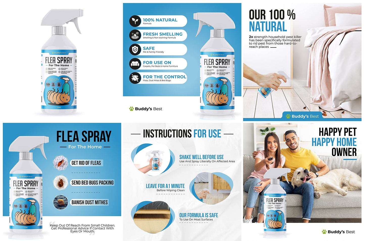 Buddy's Best Flea Spray for The Home | for The Control of Fleas, Dust Mites & Bed Bugs | for Use on Carpets, Pet Beds & Home Furniture | 100% Natural Formula | Pet & Family Friendly