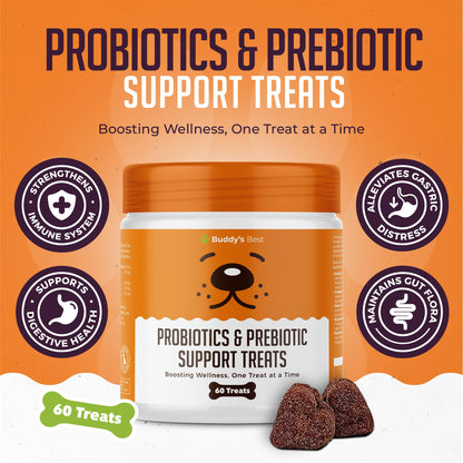 BUDDY'S BEST Probiotics & Prebiotic Support Treats For Dogs | Digestive Remedy | 60 Chewable Treats