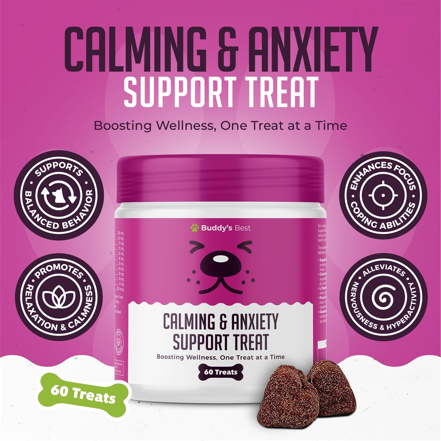 BUDDY'S BEST Calming & Anxiety Support Treats For Dogs | 60 Chewable Treats